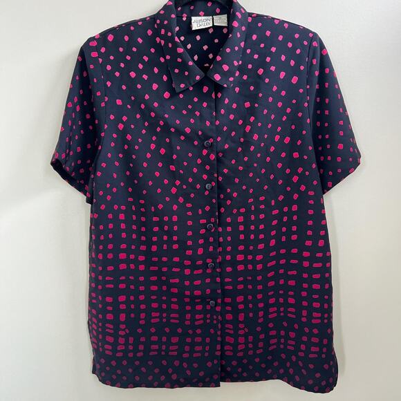 Allison Daley Tops - Vintage 80s black and pink polka dot women’s short sleeve blouse size 12